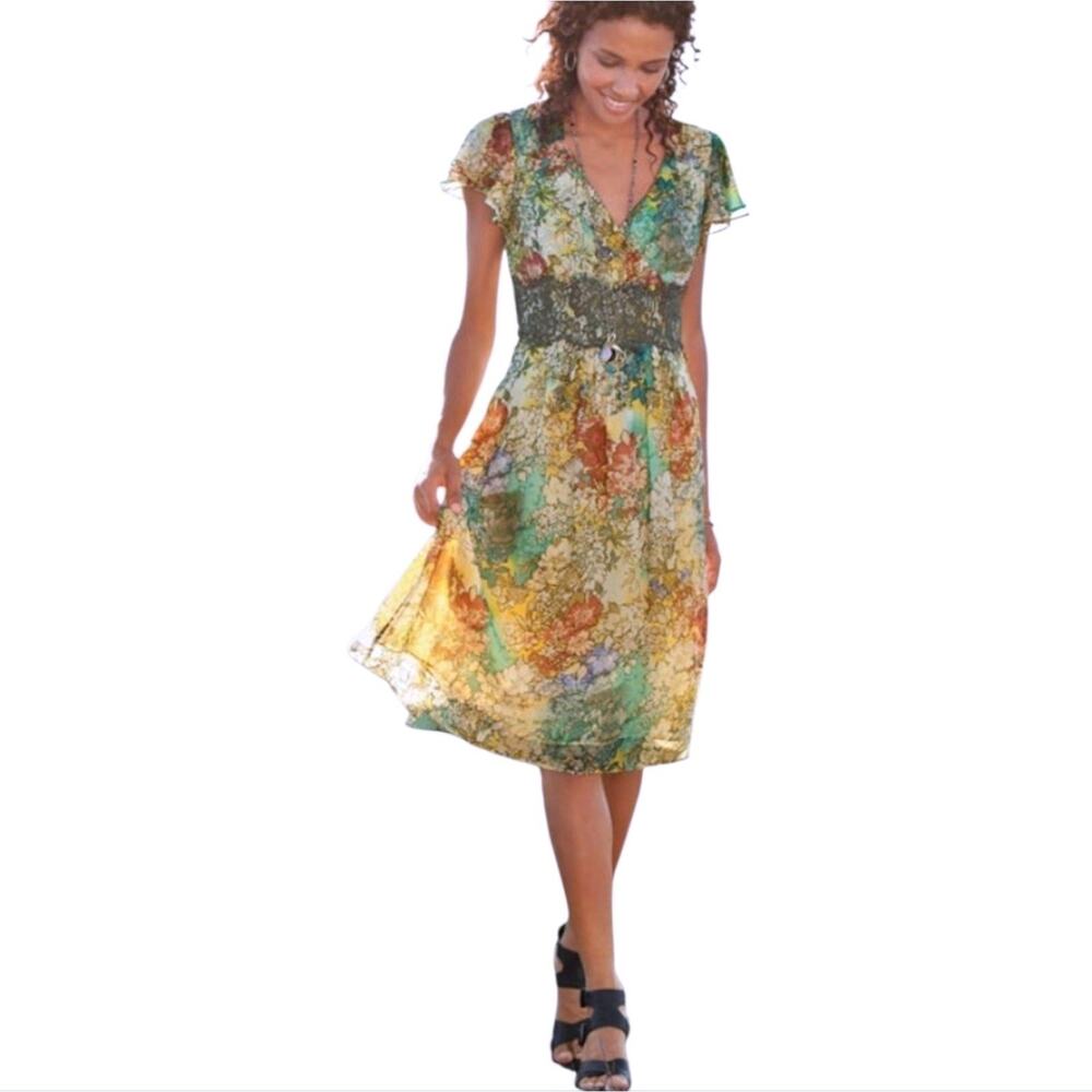 Sundance 100% Silk Green and Yellow Wrap Midi Dress with Ruffled Tie Front XS 2